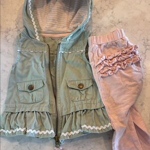Tahari Green Hooded Vest and Pink Ruffle Pants Set